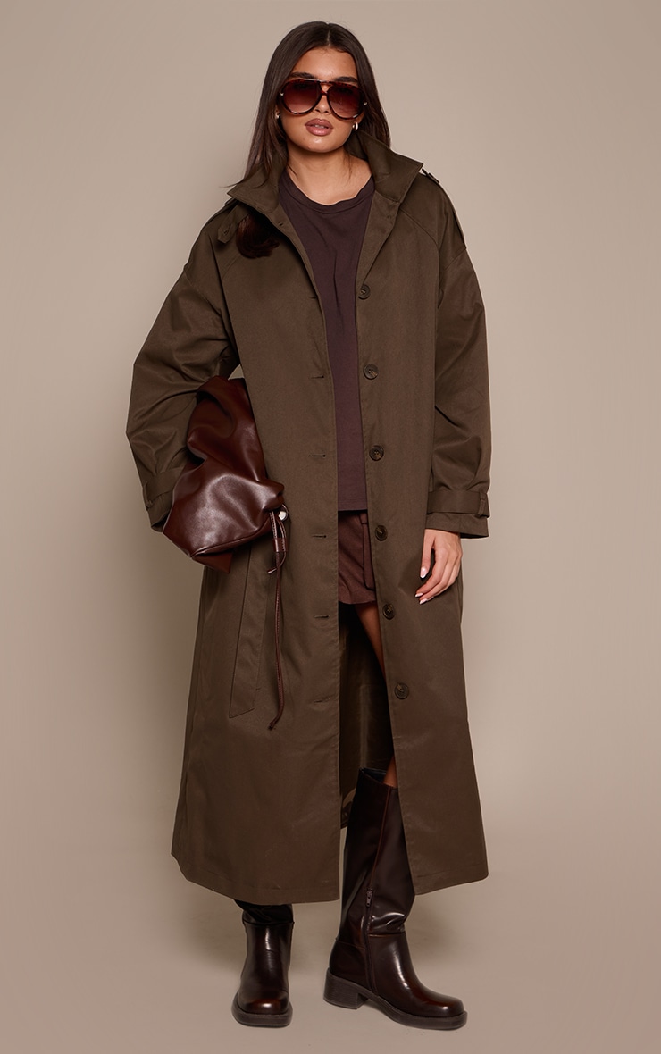 Dark Khaki Funnel Neck Trench Coat  image 3