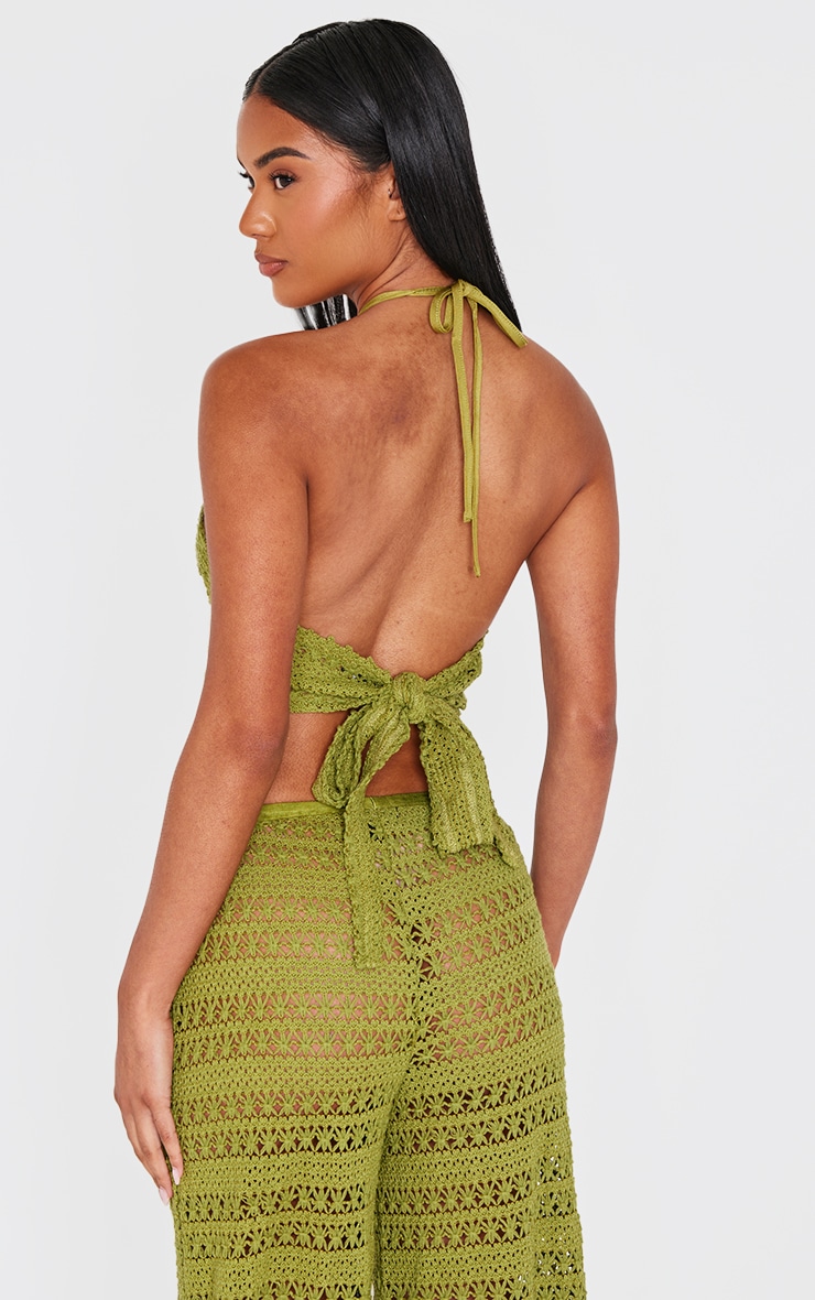 Top de plage en maille style crochet kaki à appliqué fleur et dos nu image 2