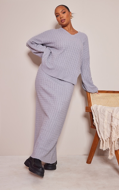 Plus Grey Cable Soft Knit Midi Skirt