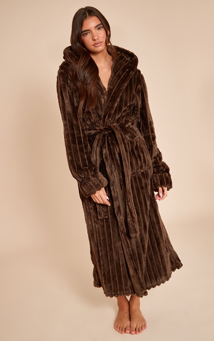 Chocolate Fleece Piping Detail Hooded Dressing Gown image 1