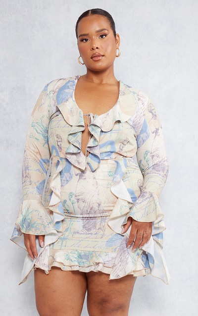 Plus Stone Renaissance Woven Ruffle Detail Bodycon Dress