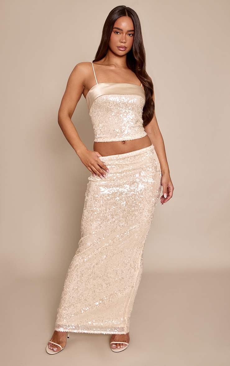 Cream Sequin Contrast Satin Panel Strappy Top image 3