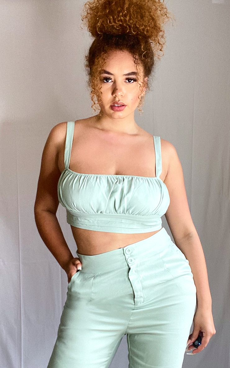 Plus Sage Green Ruched Bust Detail Longline Crop Top