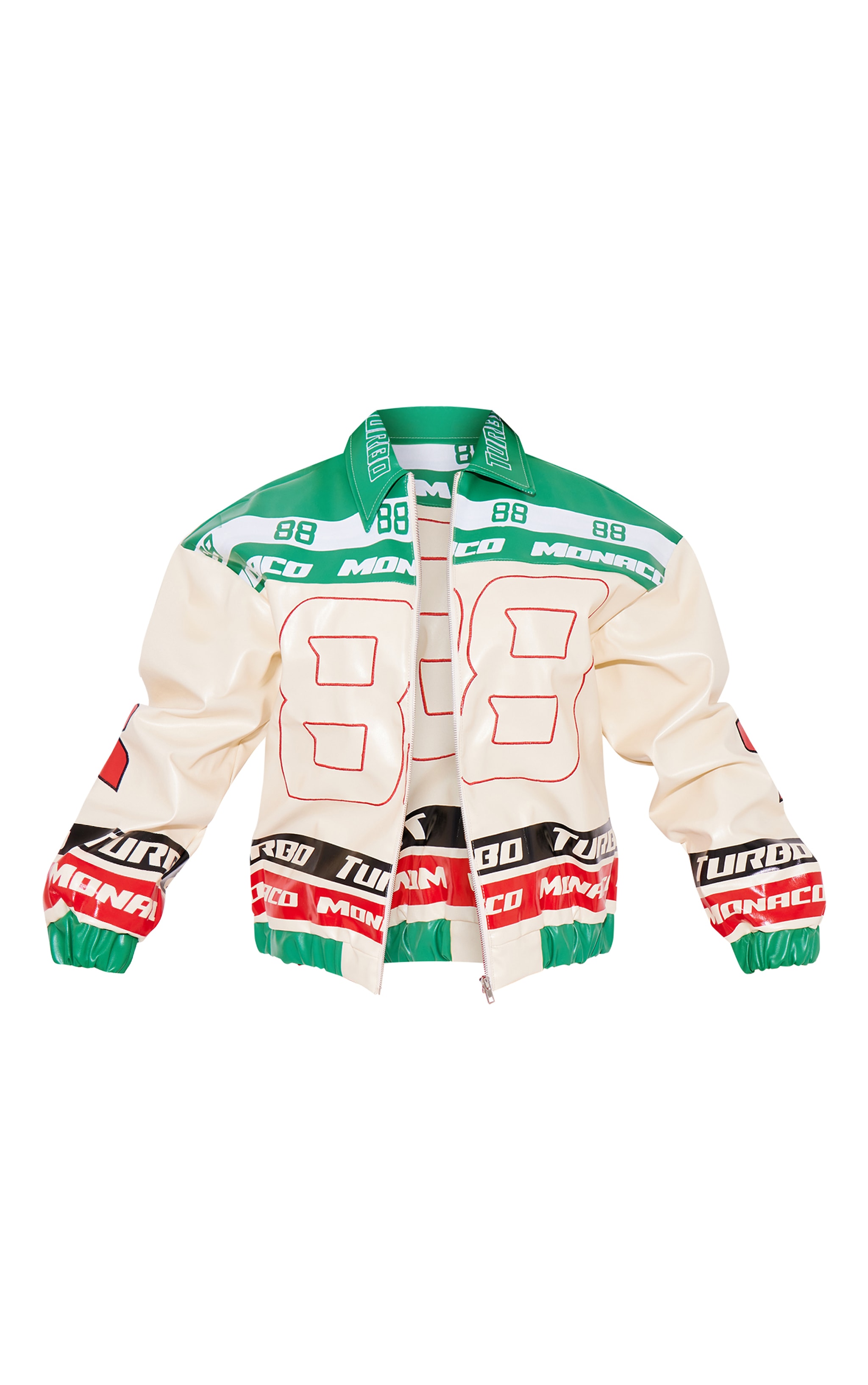 Cream Faux Leather Racer Graphics Oversized Bomber Jacket image 5