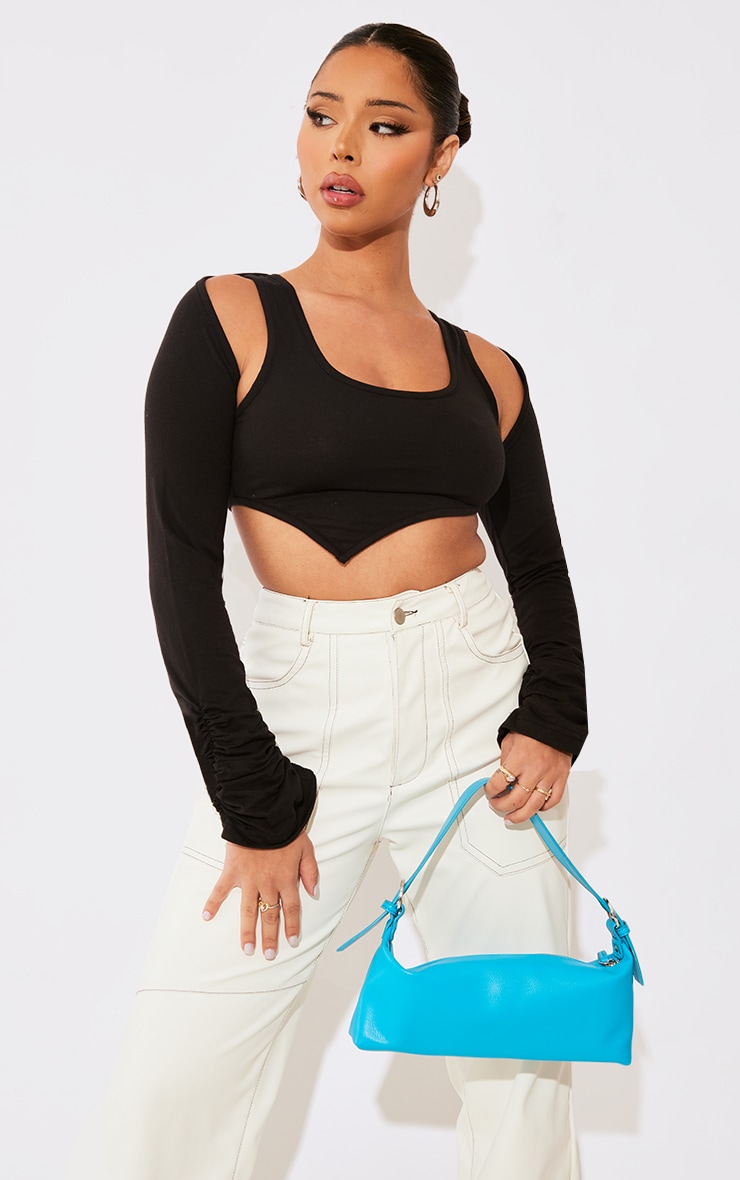 Black Jersey Crop Cold Shoulder Ruched Long Sleeve Top