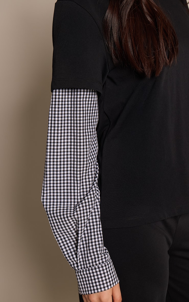Black Cotton Checked Shirt Sleeve Detail Oversized T-Shirt  image 4
