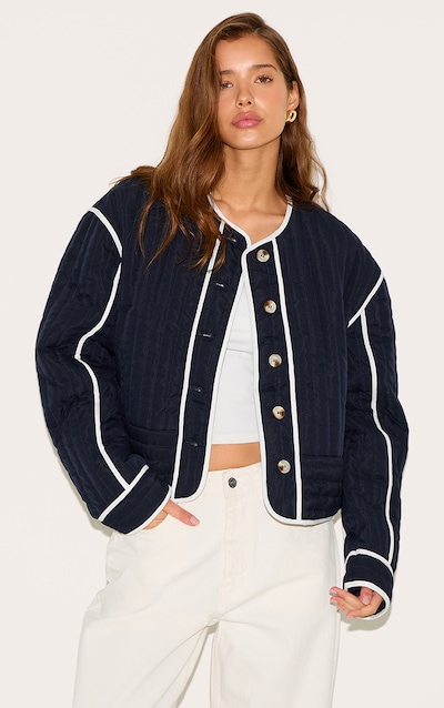 Navy Button Up Round Neck Quilted Jacket