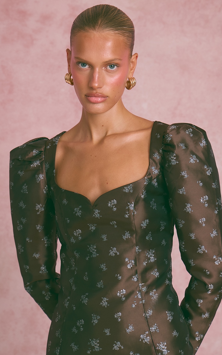 Brown Ditsy Floral Jacquard Puff Sleeve Corset Mini Dress image 4