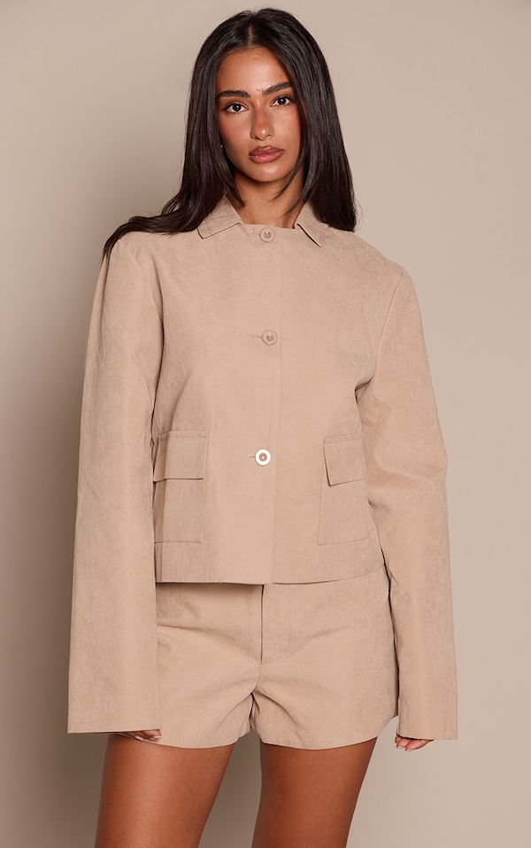 Petite Beige Peachskin Button Up Boxy Jacket 
