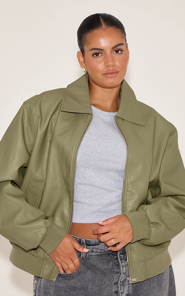 Plus Olive Faux Leather Bomber Jacket