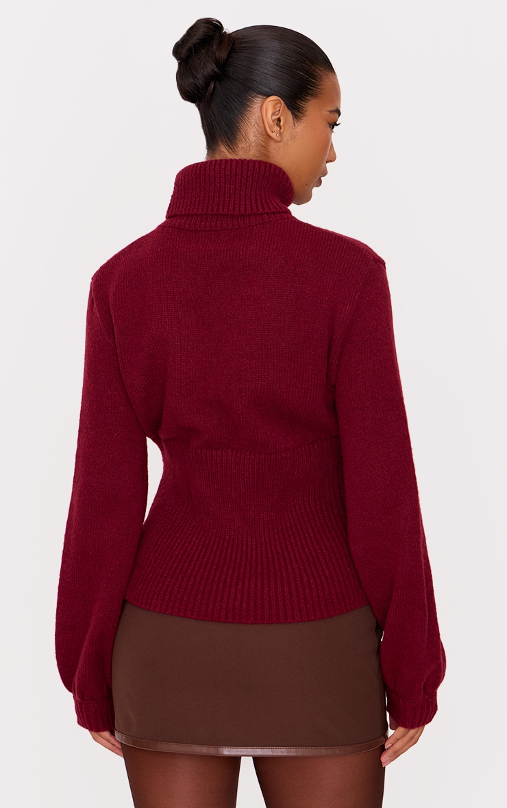 Burgundy Roll Neck Contrast Panel Knitted Jumper image 2