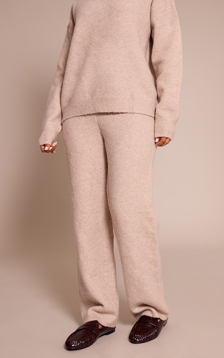 Petite Oatmeal Ribbed Waist Knitted Wide Leg Pants image 2