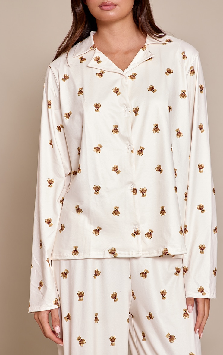 Cream Teddy Bear Print Long Sleeve Button Through Pj Set image 4