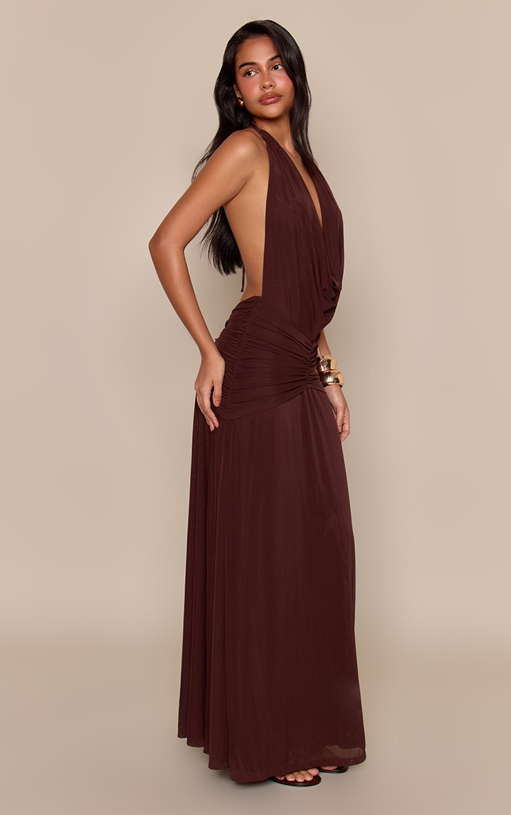 Chocolate Mesh Cowl Neck Ruched Front Maxi Dress image 3