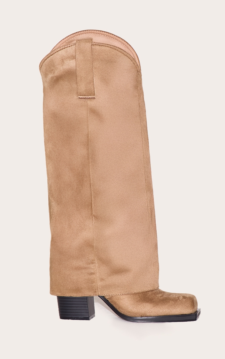 Stone Faux Suede Square Toe Fold Over Knee High Block Heel Western Boots image 5