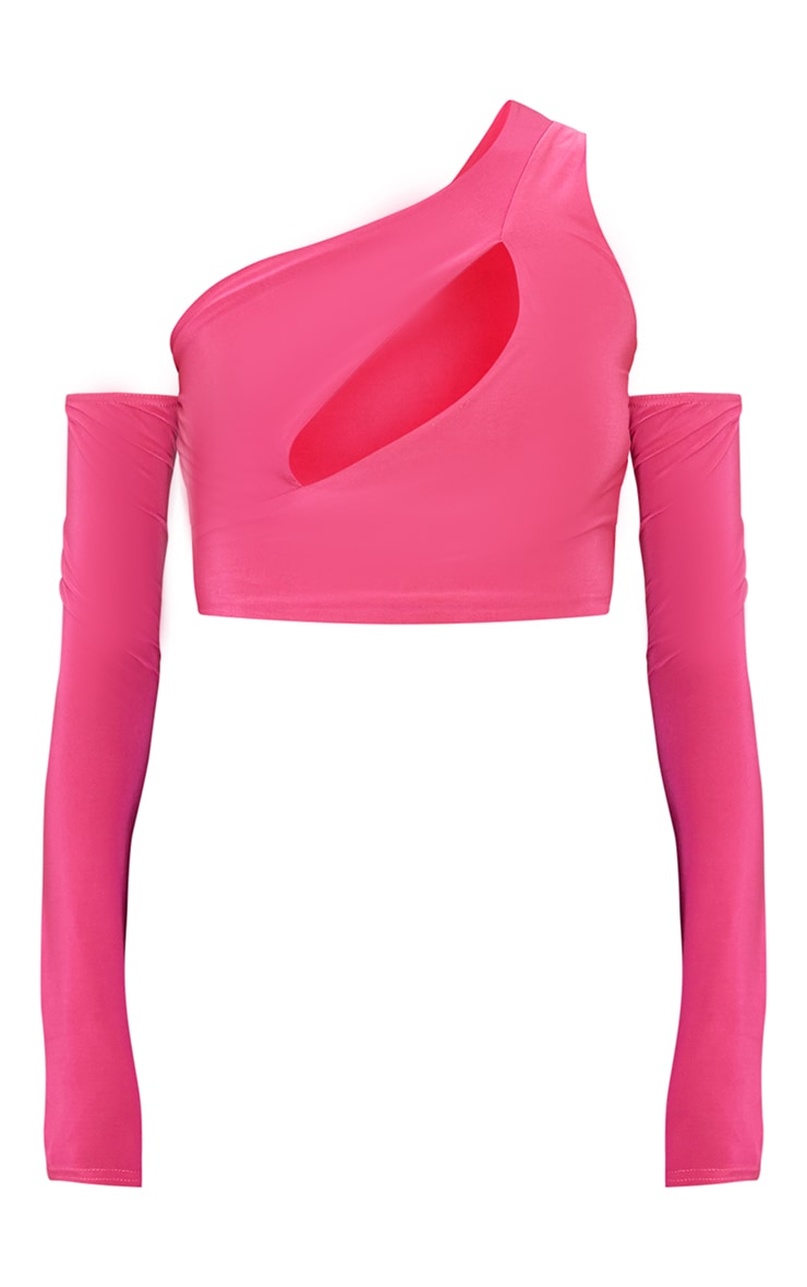 Bright Pink Slinky Bardot Thumb Hole Cut Cut Out Crop Top image 5