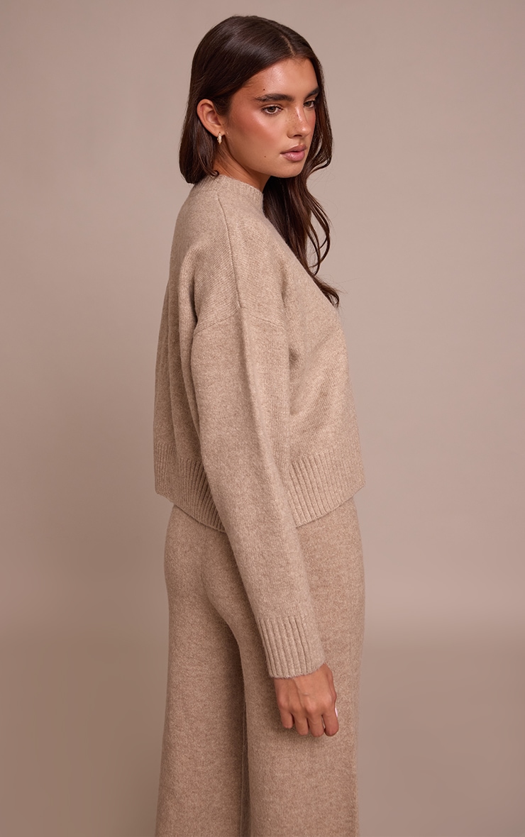 Taupe Marl Knitted Cropped Crew Neck Jumper image 2