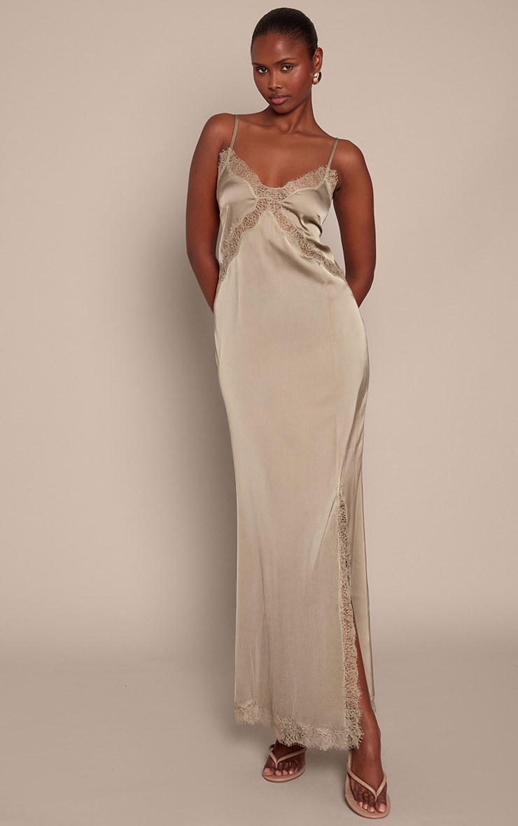 Olive Satin Lace Trim Maxi Slip Dress