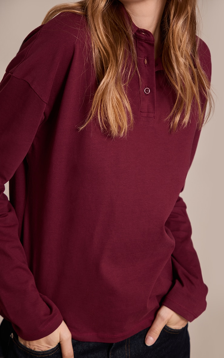 Plum Cotton Polo Collar Long Sleeve Top image 4