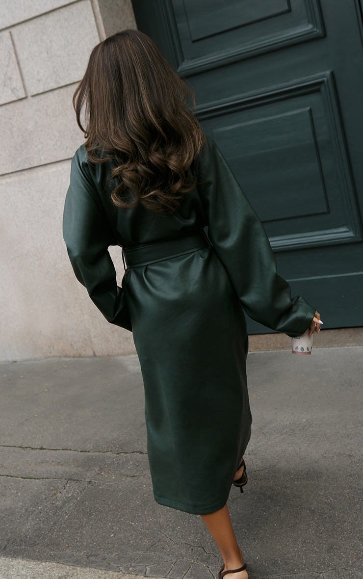 Forest Green Faux Leather Maxi Trench Coat image 2