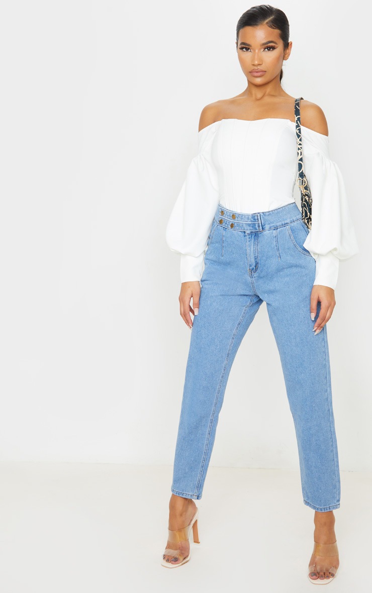 Mid Wash Button Waistband Detail Mom Jeans