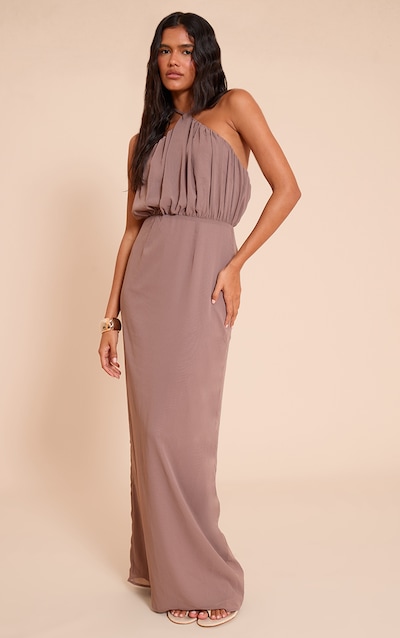 Taupe Chiffon Halter Neck Maxi Dress