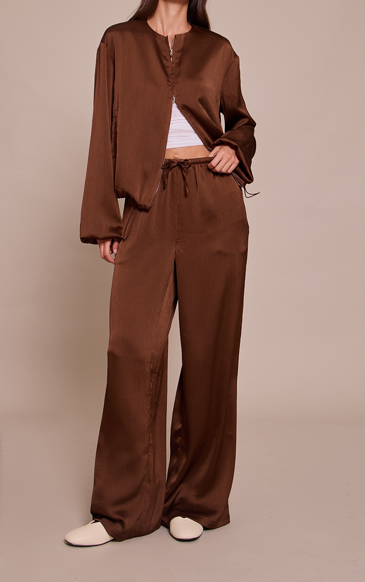 Dark Brown Textured Satin Drawstring Straight Leg Pant image 2