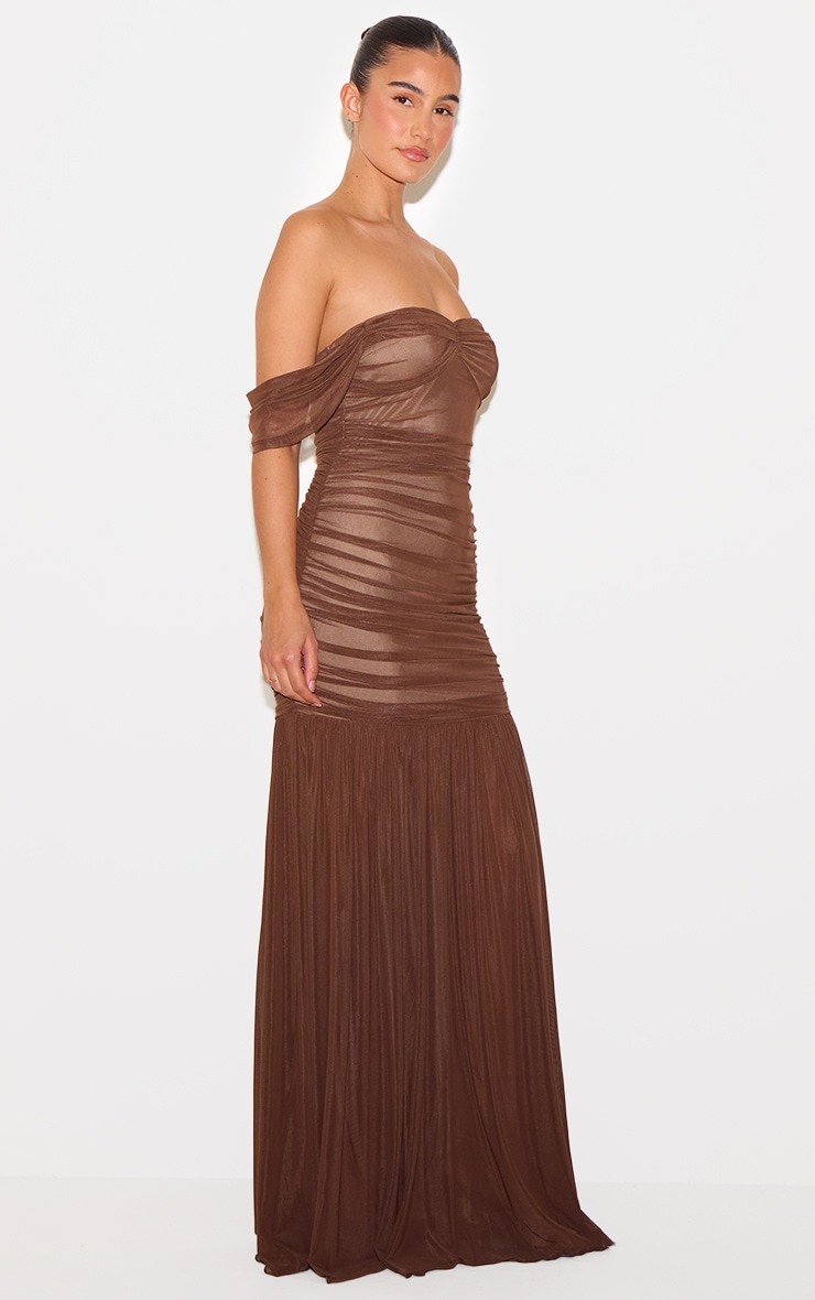 Chocolate Mesh Bardot Ruched Detail Maxi Dress image 3