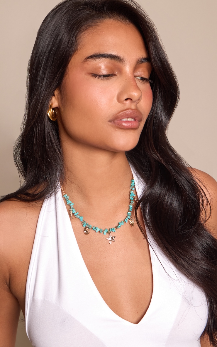 Aqua Tonal Beaded Charm Necklace