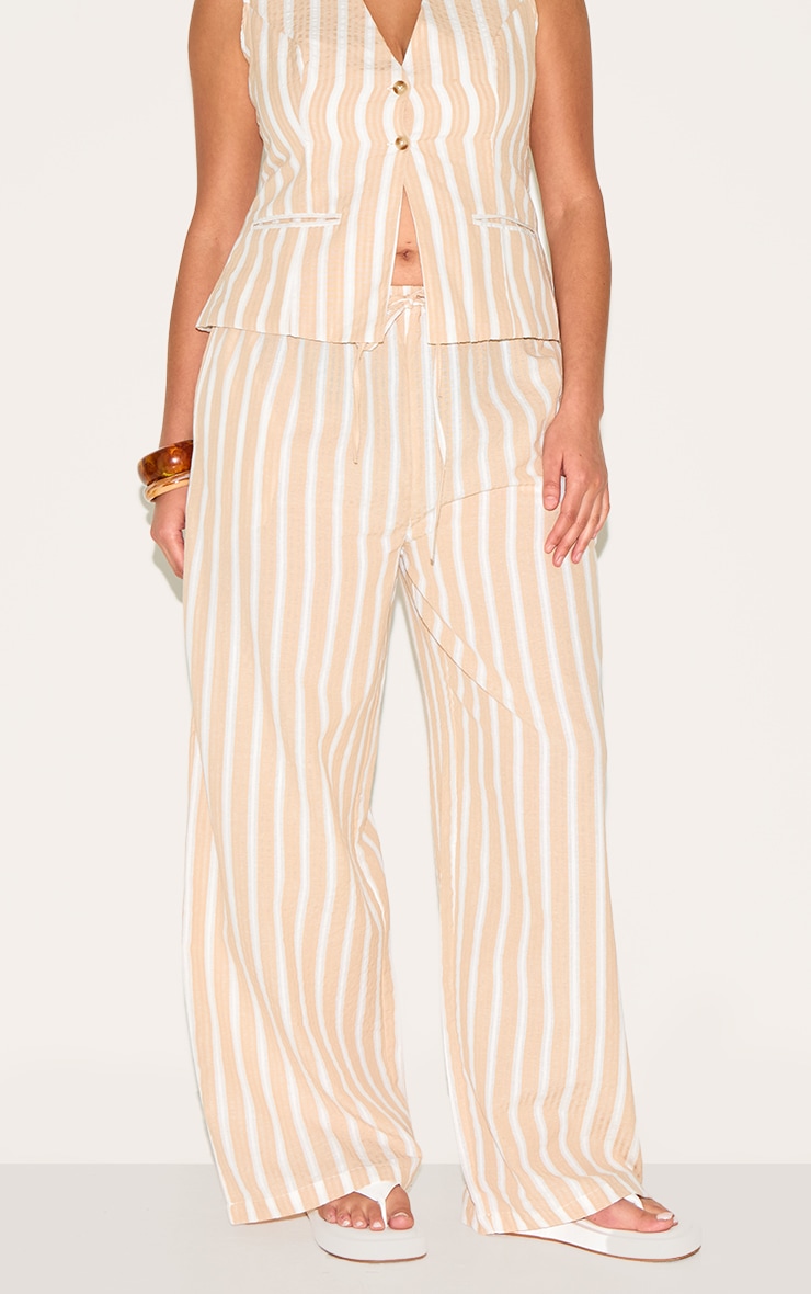 Plus Beige Striped Drawstring Wide Trousers image 2