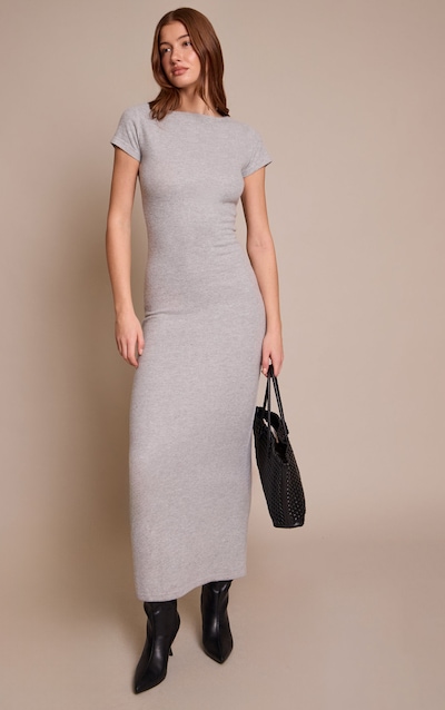 Robe longue douce brossée grise à manches courtes