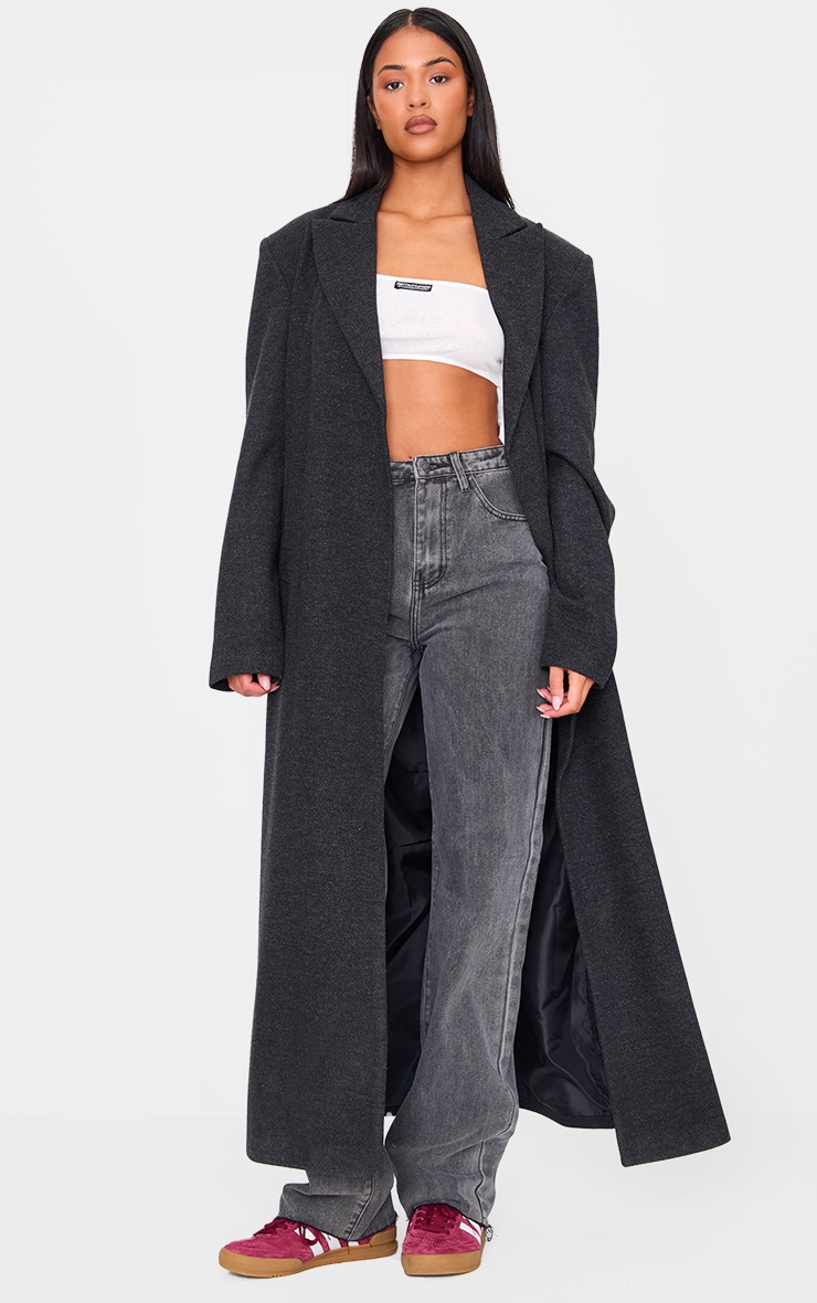 Tall Black Herringbone Self Tie Maxi Coat image 3