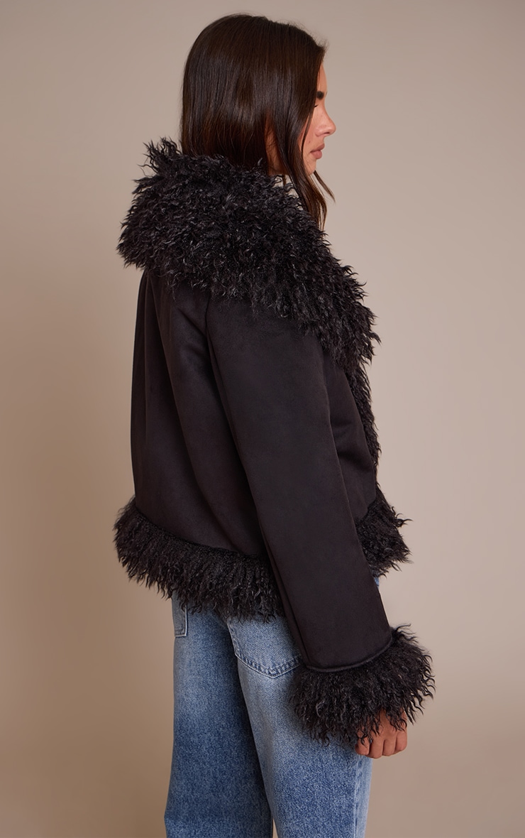 Black Faux Suede Trim Detail Coat image 2