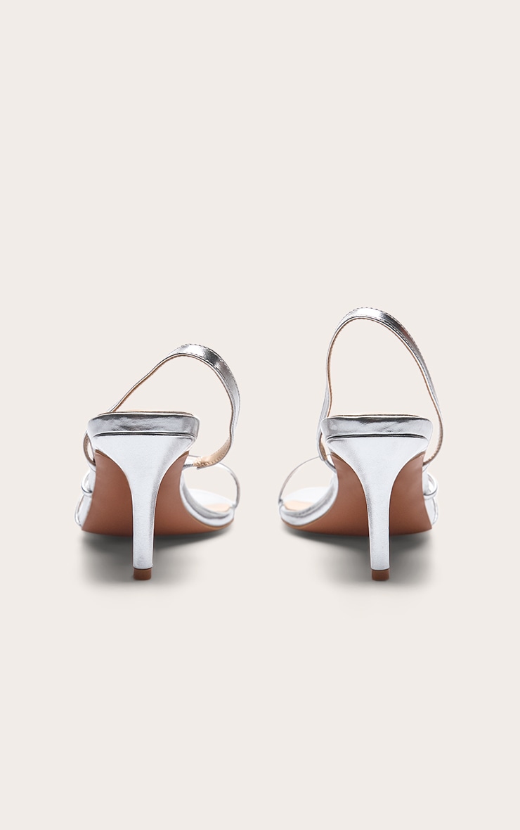 Silver Pu Double Strap Round Toe Low Heeled Slingback image 4