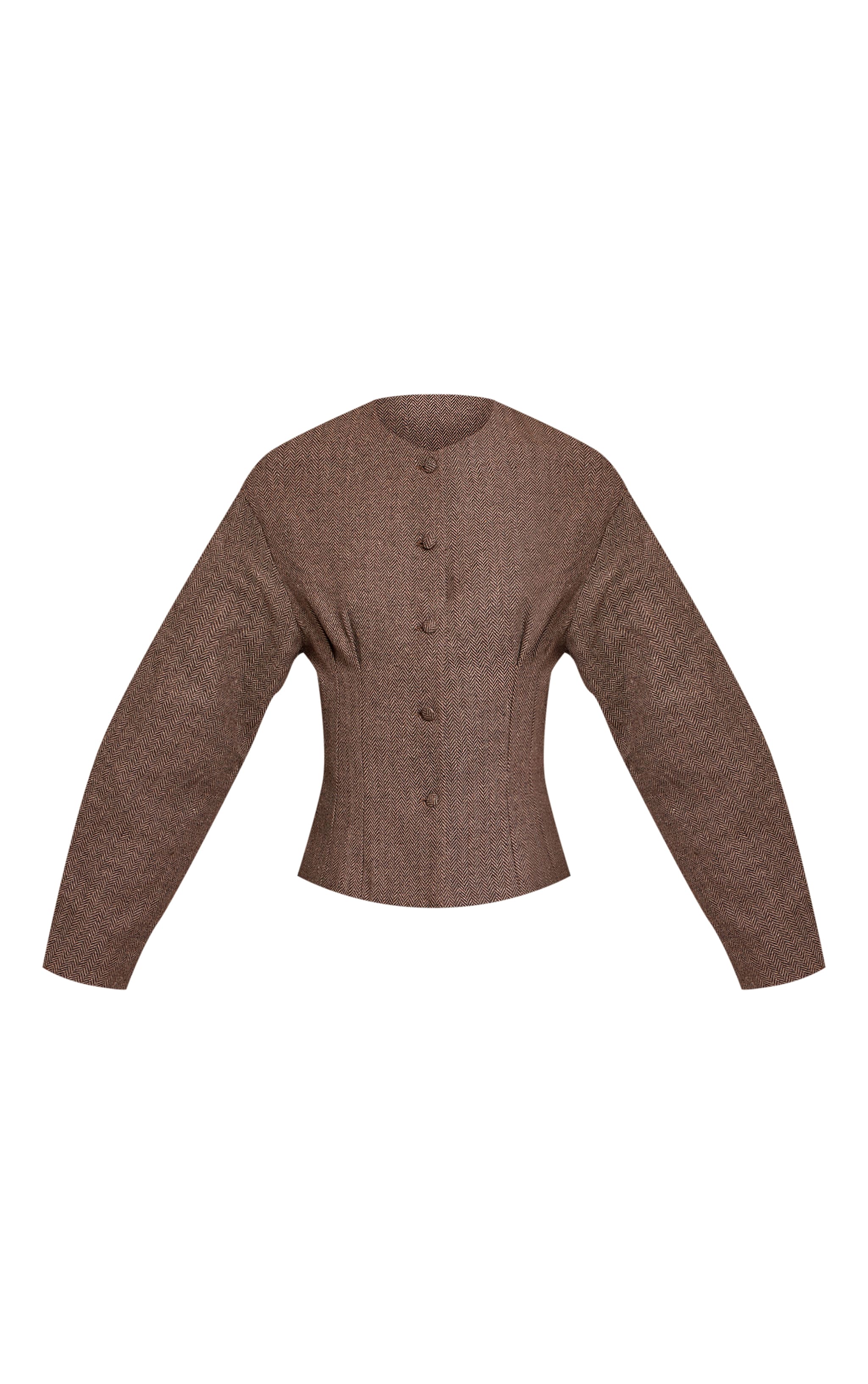 Brown Tweed Tailored Woven Boxy Balloon Sleeve Blazer image 5