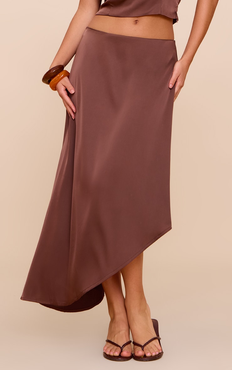 Dark Brown Satin Asymmetric Midi Skirt image 4