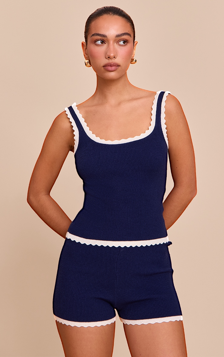 Navy Knitted Scallop Edge High Waisted Shorts image 4