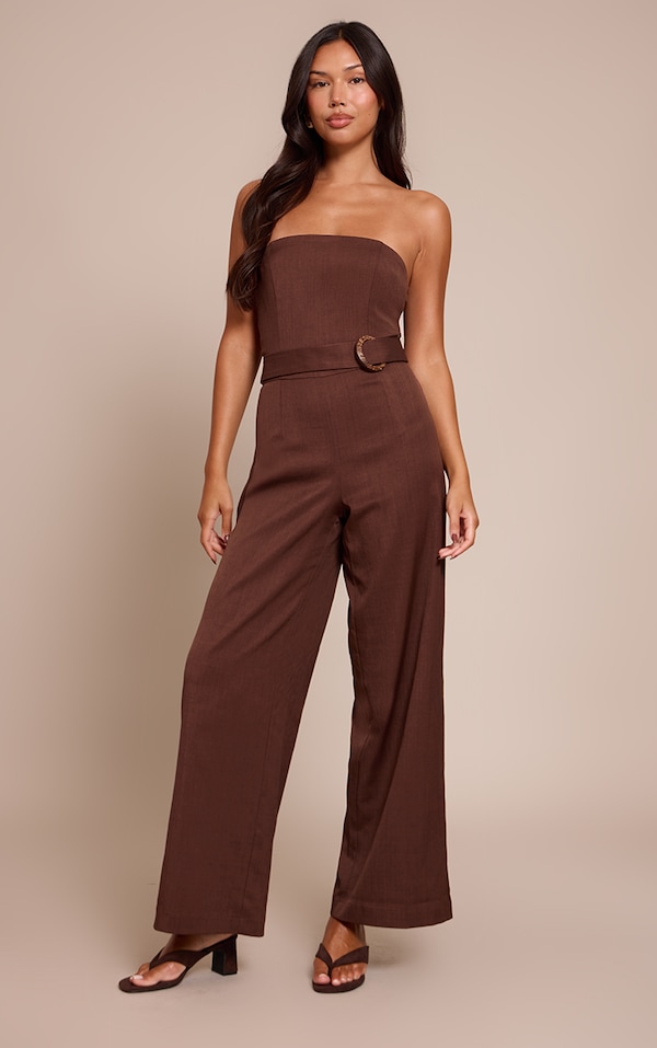 Combinaison bustier droite tissée chocolat à ceinture
