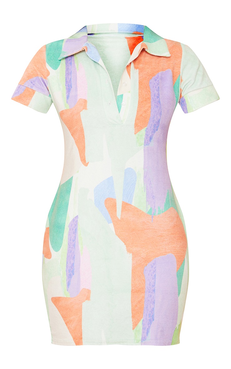 Multi Abstract Velour Polo Collar Bodycon Dress image 5