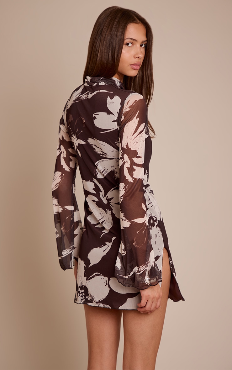 Brown Abstract Floral High Neck Flared Sleeve Shift Dress image 2