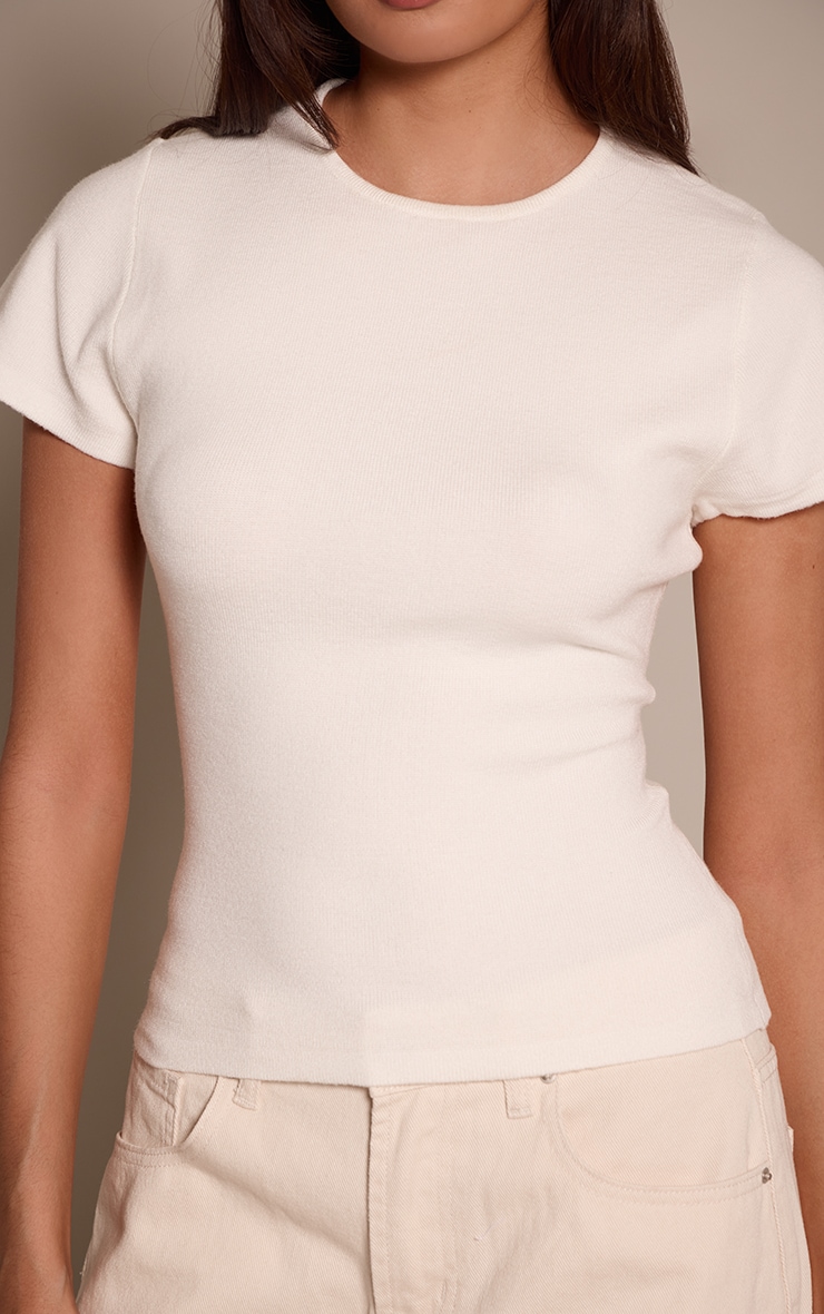 Cream Fitted Cinched Waist Knitted T Shirt  image 4
