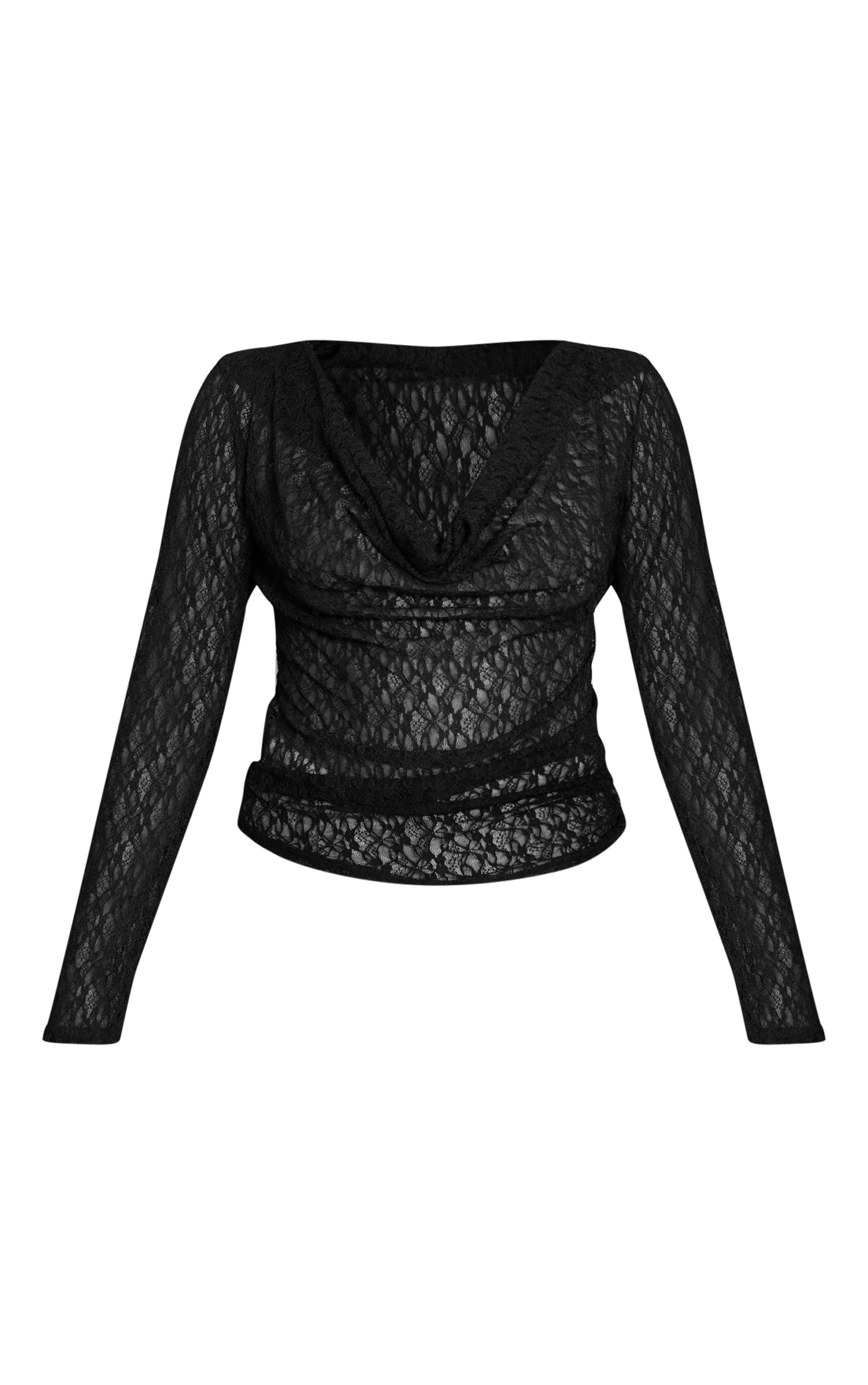 Black Sheer Lace Cowl Neck Long Sleeve Top image 5