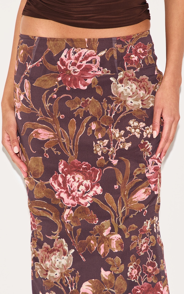 Brown Floral Print Chiffon Maxi Skirt image 4