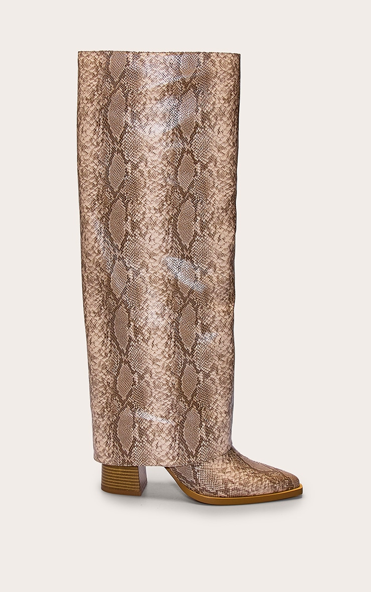 Natural Snake PU Fold Over Block Heel Boot image 2