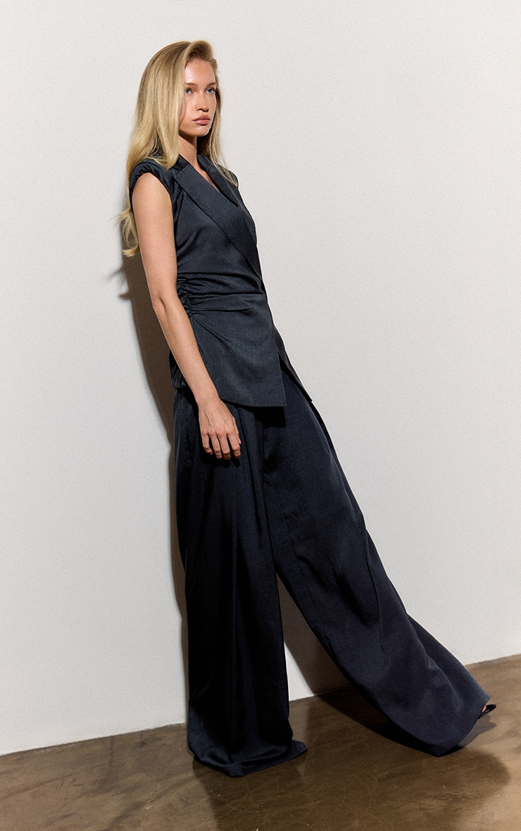 Navy Pleated High Rise Wide Leg Pants image 2