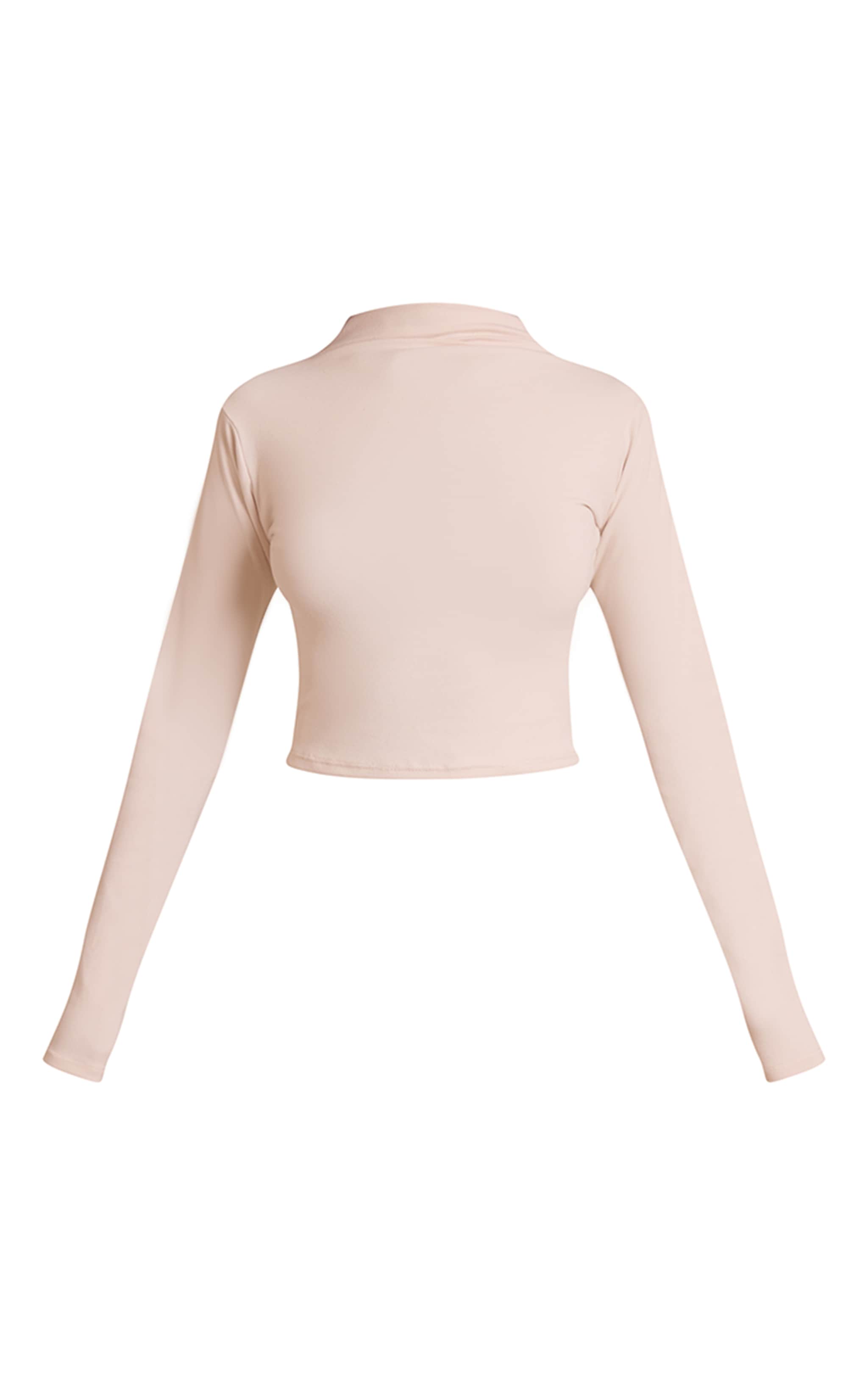 Crop top côtelé brossé crème à col montant et manches longues image 5