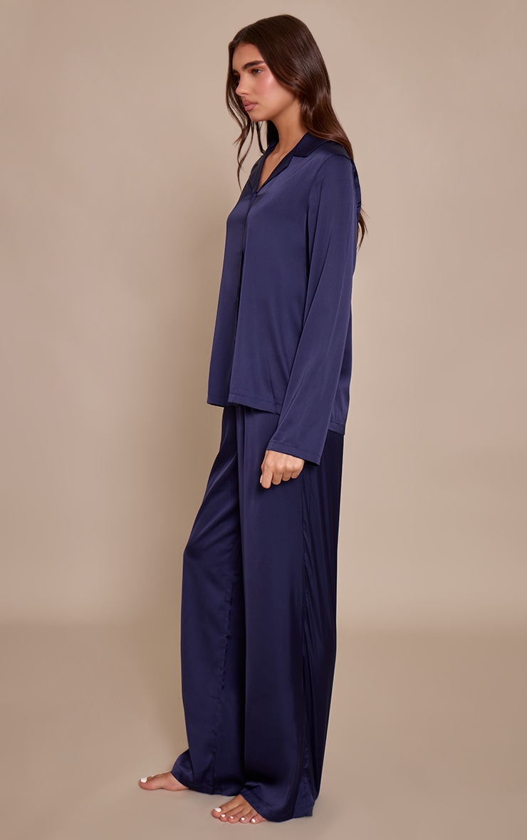 Navy Satin Long Sleeve Button Down Shirt PJ Set image 3
