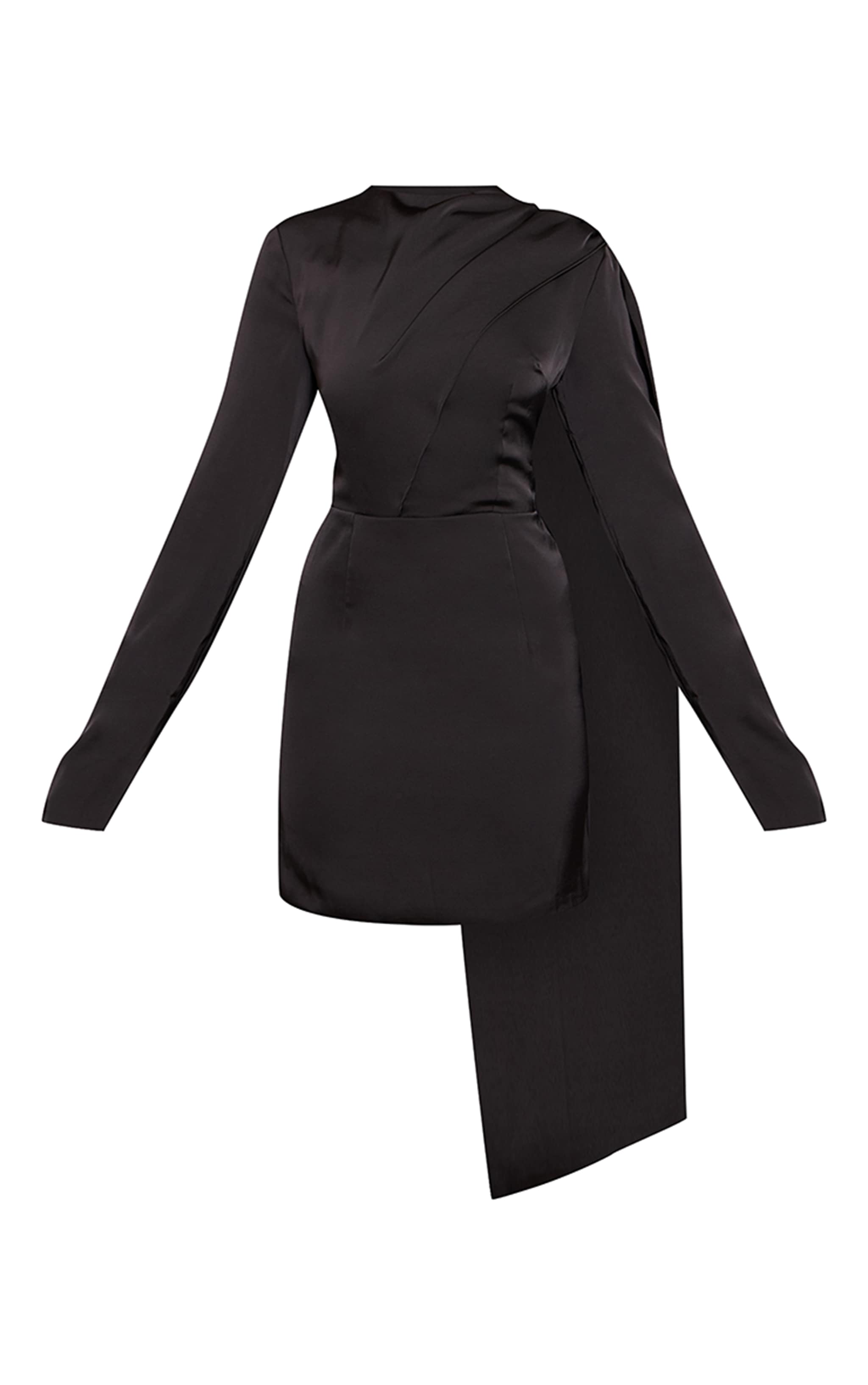 Black Satin Scarf Detail Long Sleeve Mini Dress image 5