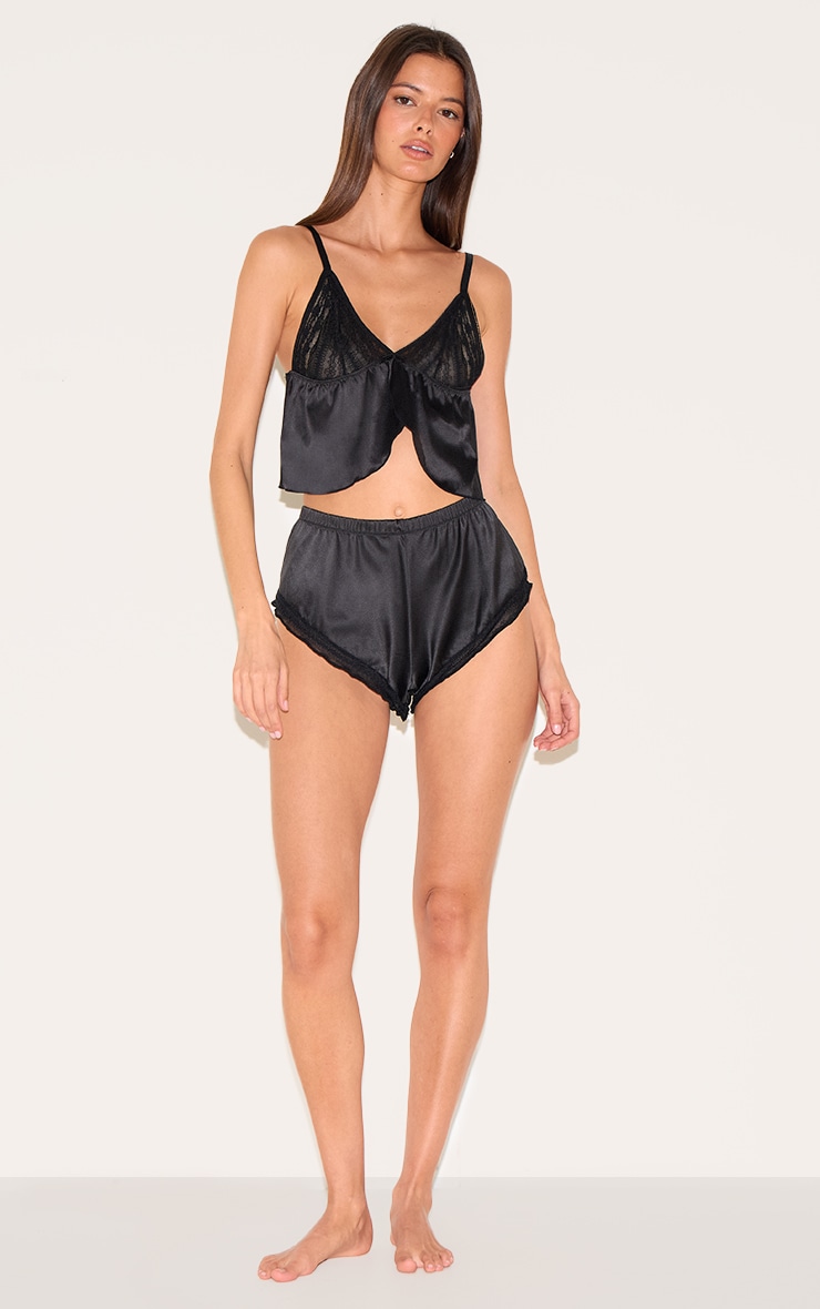 Black Textured Lace Satin Cami Short Pj Set image 3