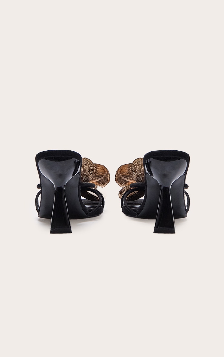 Black Faux Suede Square Toe Gold Flower Detailed Heeled Mules image 3